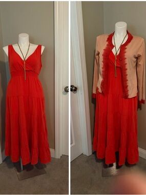Coral V-Neck Tiered Maxi Dress (L) with Cardigan/Shell (XL),Earrings & Necklace